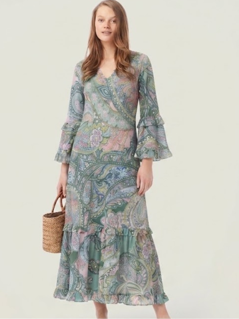 One Season Australia Long Indi Cotton Paisley Ruffle Maxi Dress Pastel Small